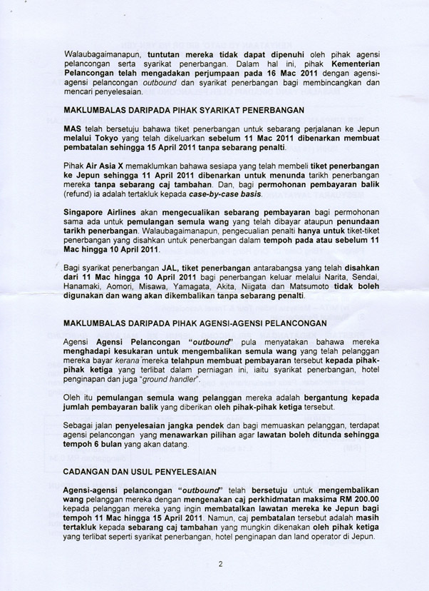 Kenyataan Media YB Menteri Pelancongan Berhubung Tuntutan Balik Tambang Pelancong ke Jepun